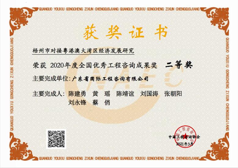 全國優(yōu)秀工程咨詢成果二等獎-梧州市對接粵港澳大灣區(qū)經(jīng)濟發(fā)展研究